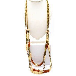 Triple Strand Chic Bib Necklace, Vintage Gold Tone Chains with Neutral Tone Glas